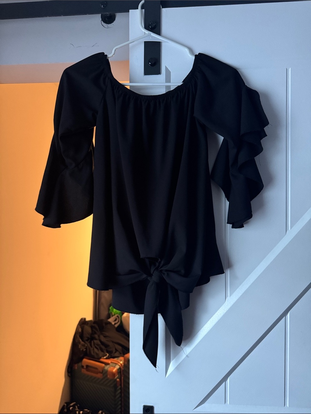 Black Off-Shoulder Tie-Front Ruffle Sleeve Top